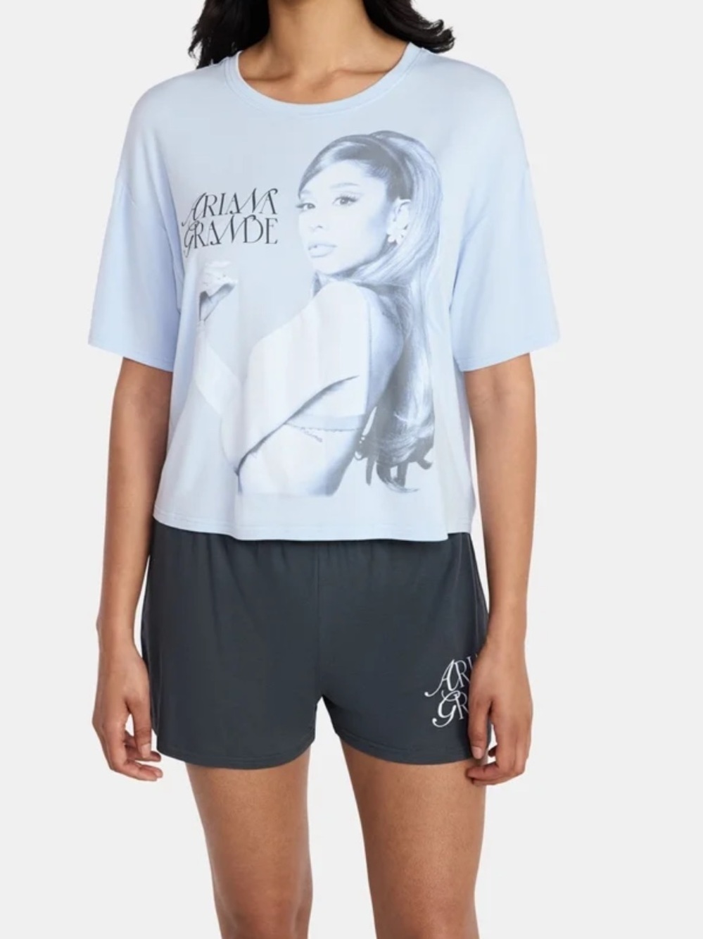 Ariana Grande Light Blue Graphic Tee and Grey Logo Shorts Sleep Set